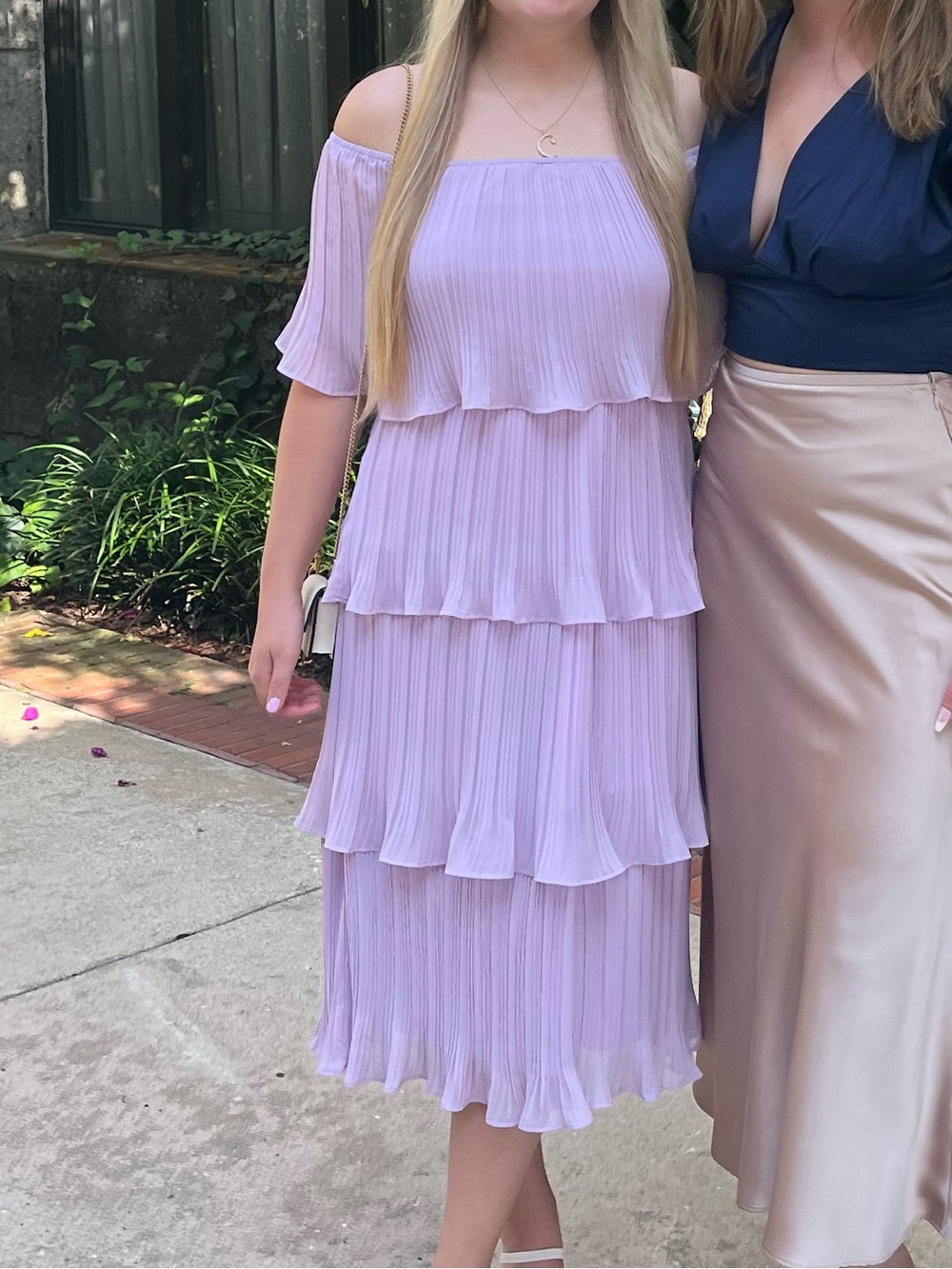 Lulu's Lilac Off-Shoulder Tiered Midi Dress